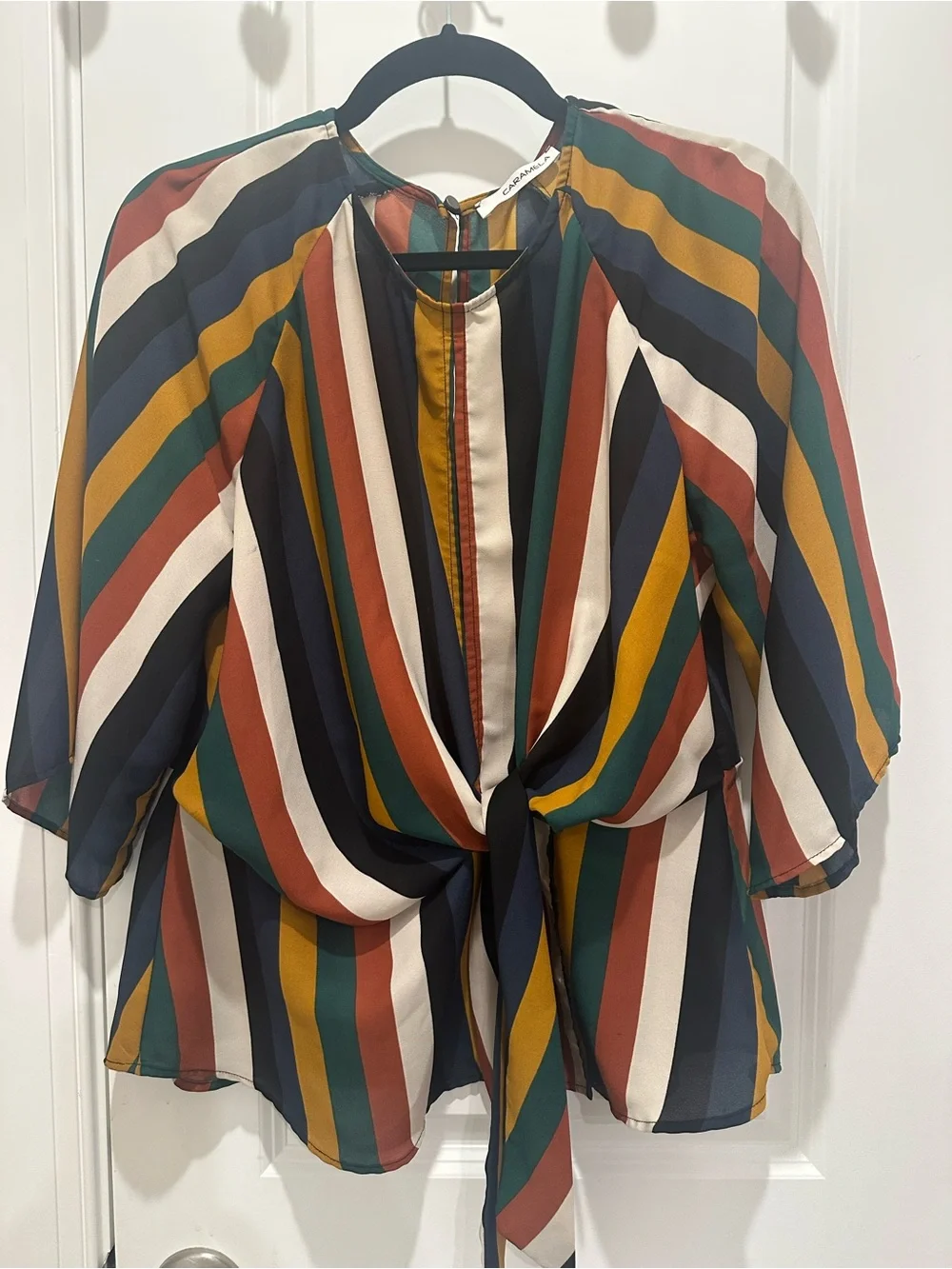 Caramel Multi-Color Striped Tie-Front Blouse - Picture 1 of 3